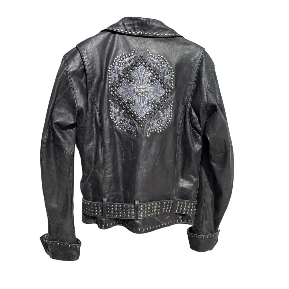 Harley Davidson Black Leather HD Riding Jacket Purple Studded Accents S Womens